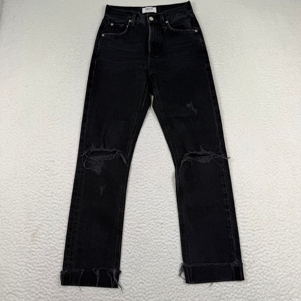 AGOLDE Cherie 90s Pinch Waist Jeans Sz 23 Black‎ Distressed High Rise Straight